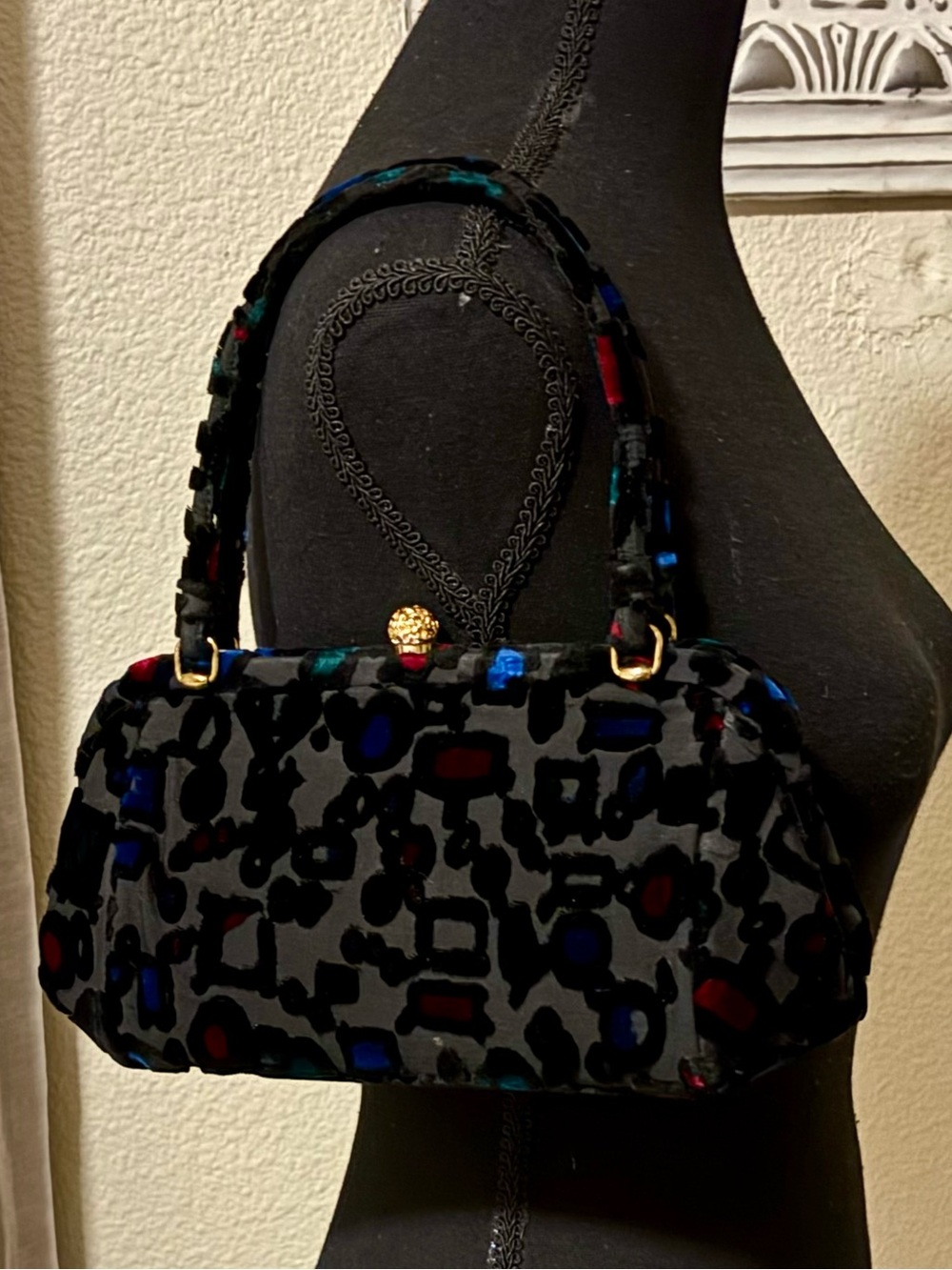 Vintage Lewis Black Velvet Evening Clutch with Multicolor Accents